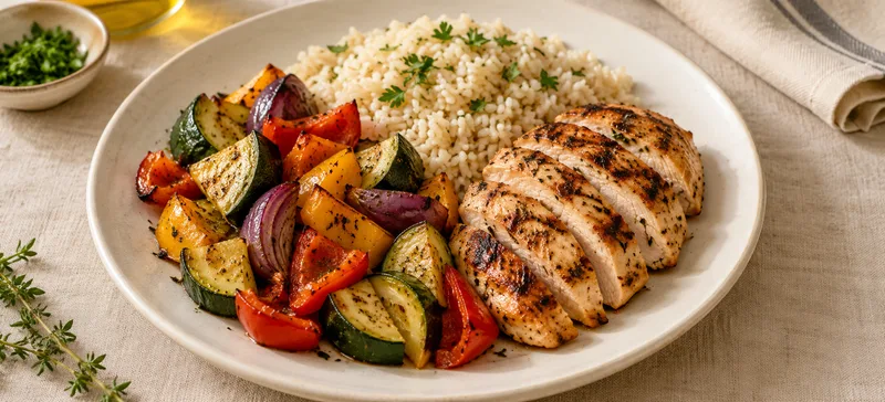 Assiette de riz, légumes et poulet grillé