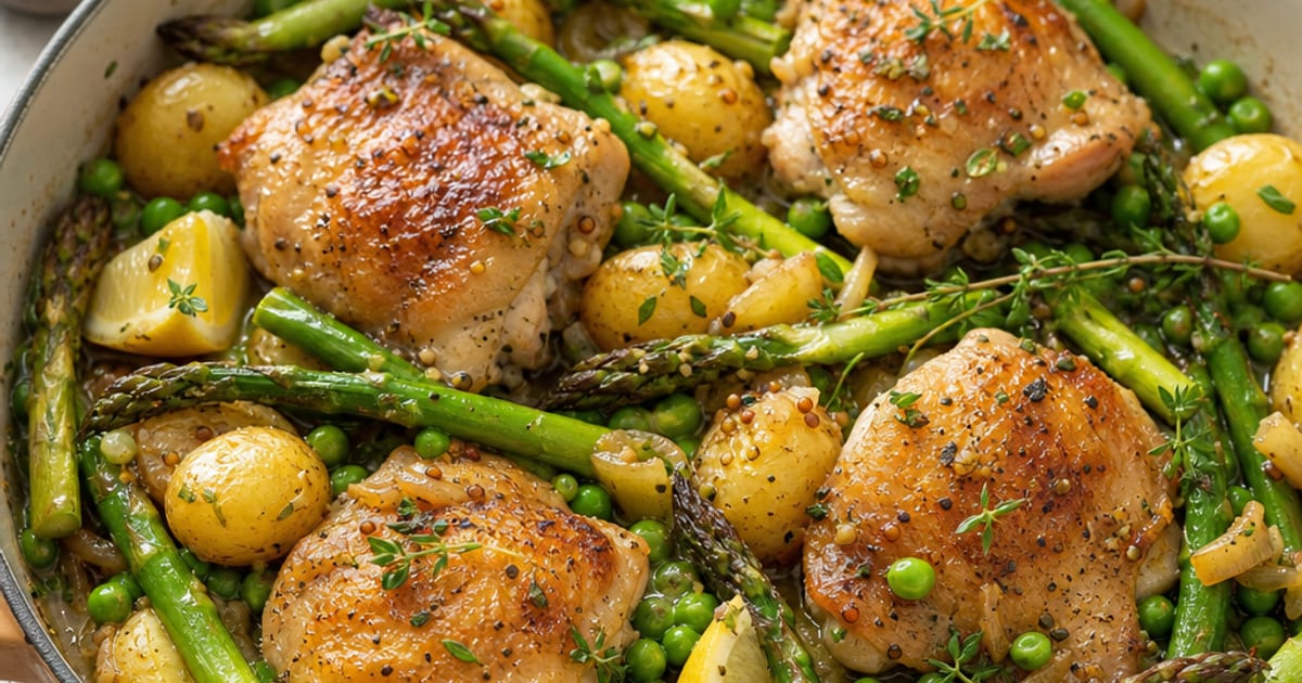 Poulet printanier aux asperges, petits pois et pommes de terre nouvelles
