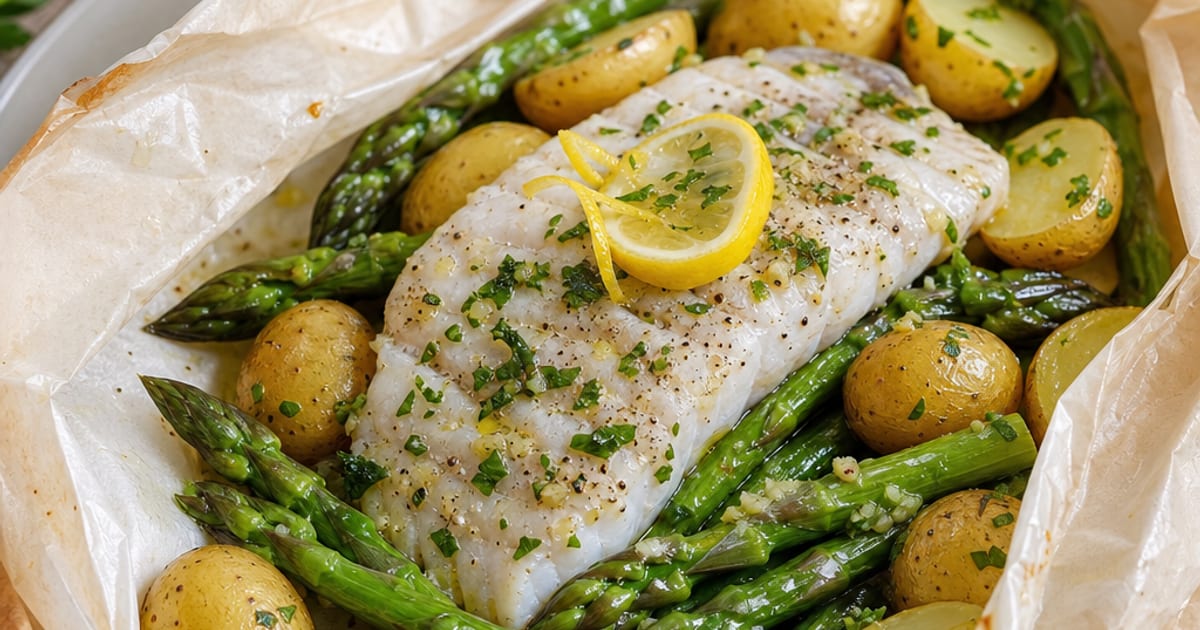 Papillotes de merlu aux asperges et pommes de terre nouvelles
