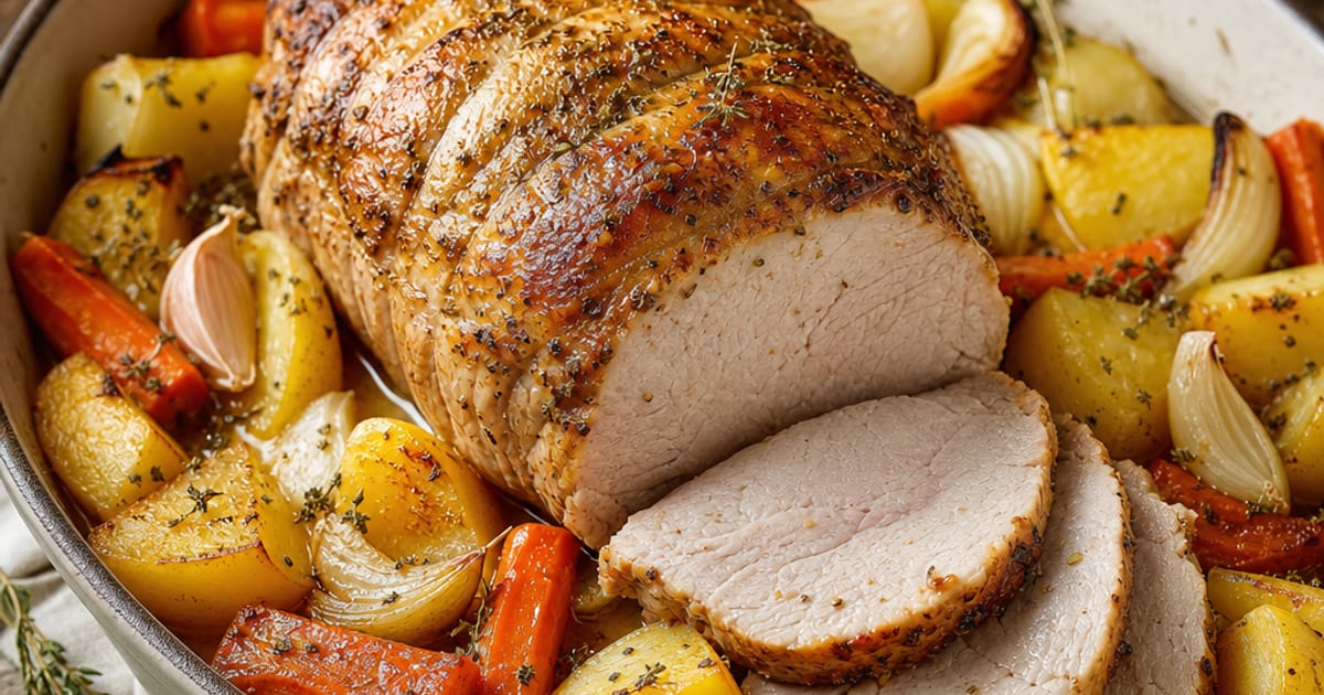 Rôti de porc au four, pommes de terre et carottes