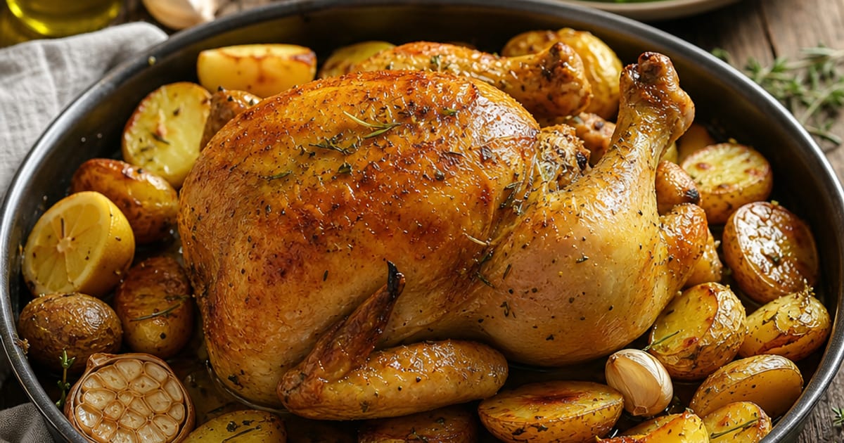 Poulet rôti, pommes de terre au four et salade verte
