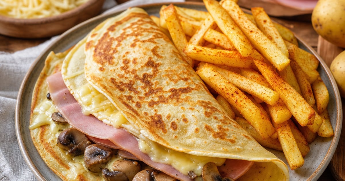 Crêpes salées jambon-fromage avec frites maison