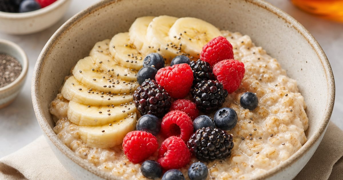 Porridge banane et fruits rouges