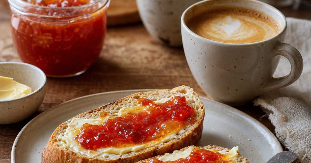 Tartines beurrées à la confiture et café latte