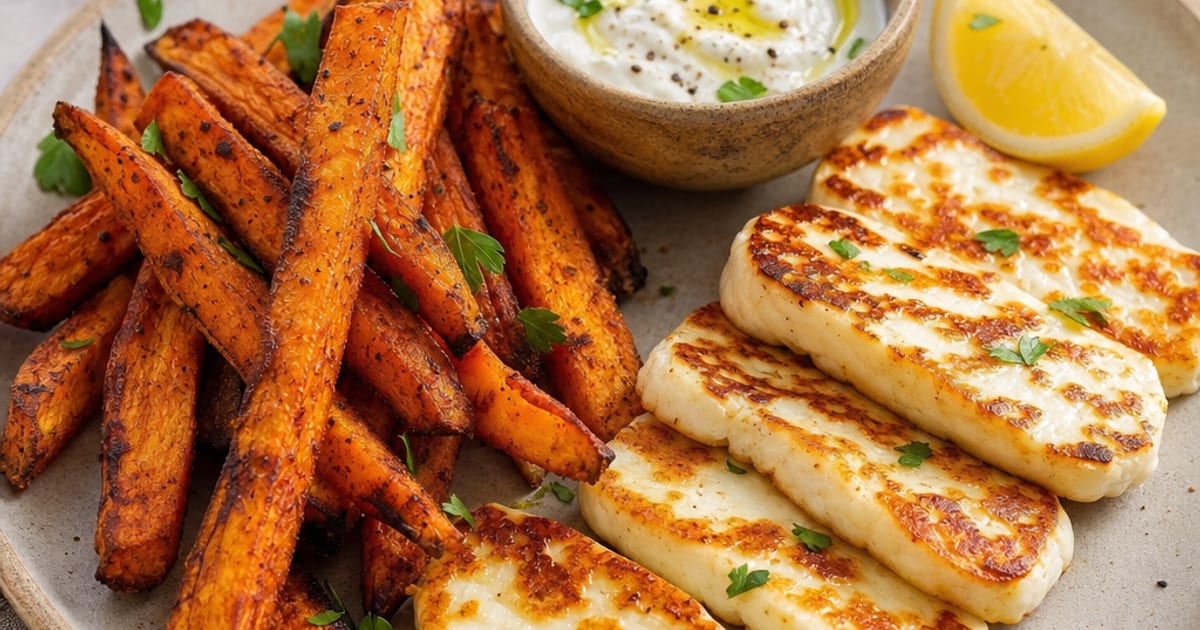 Halloumi grillé et frites de patate douce
