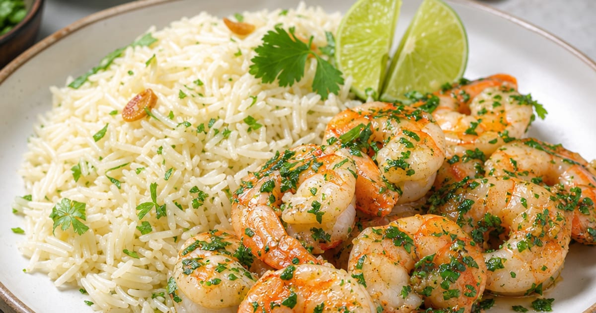 Crevettes aux herbes, citron vert et riz parfumé