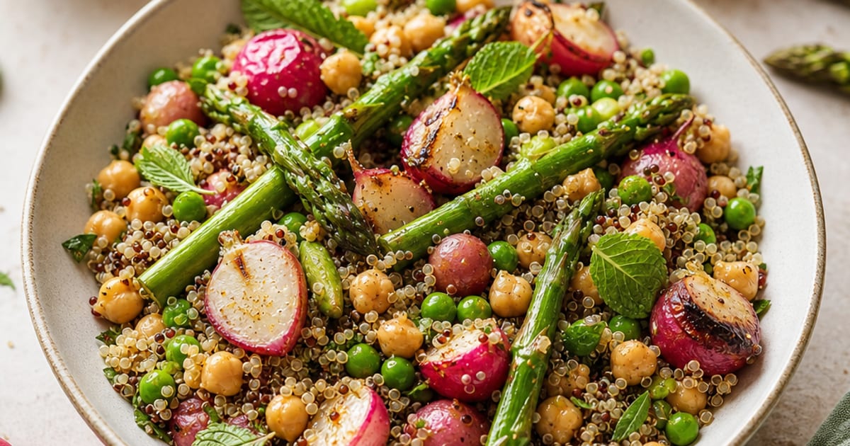Quinoa printanier aux asperges, radis rôtis et pois chiches