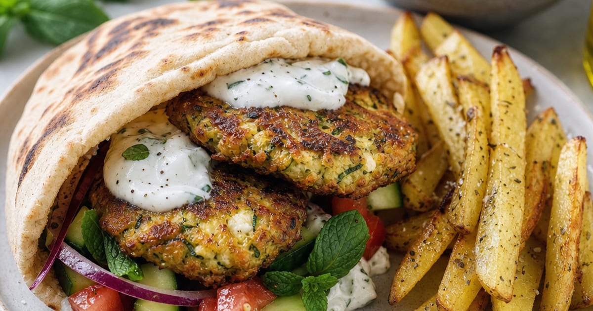 Pitas grecques aux galettes courgette-feta, crudités, sauce yaourt et petites frites