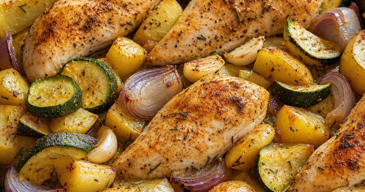 Poulet rôti aux pommes de terre et courgettes