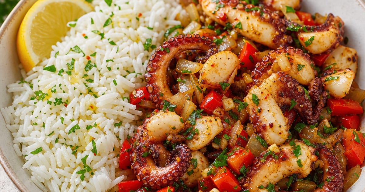 Riz au poulpe sauté à l’ail, piment et persil