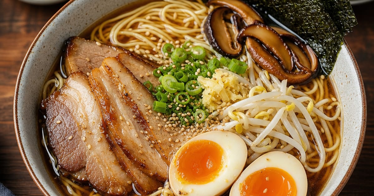 Ramen shoyu japonais au porc et œufs mollets