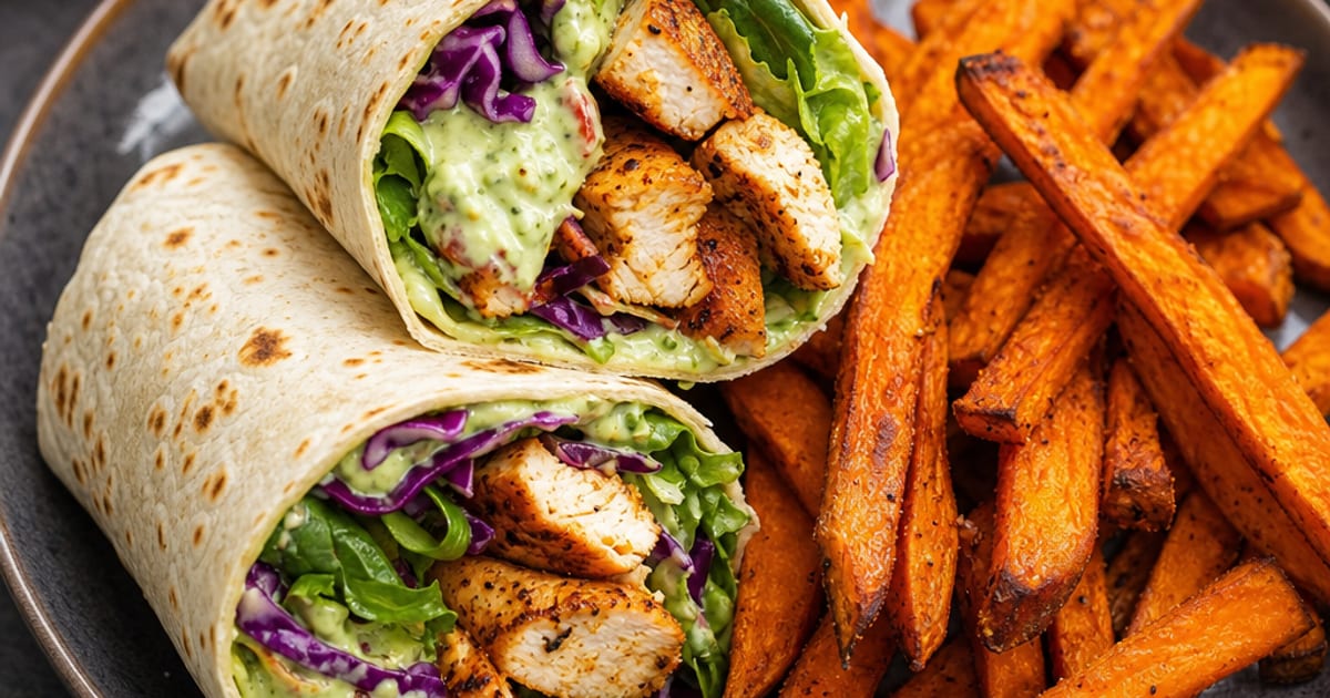 Wraps de poulet épicé, sauce yaourt-avocat et frites de patate douce