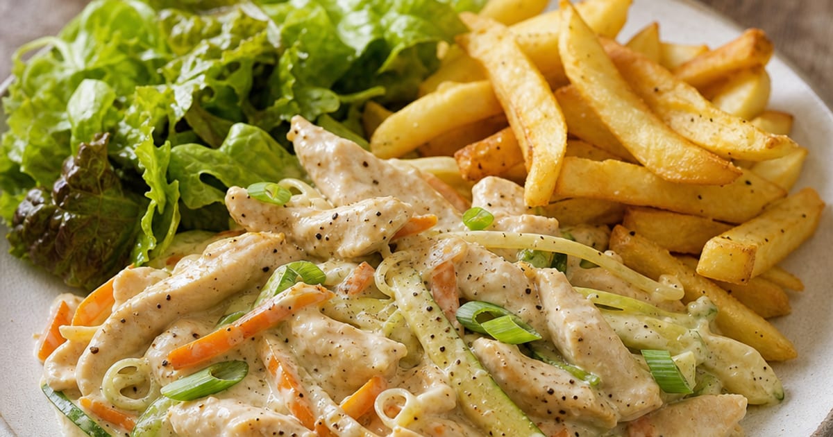 Émincé de poulet à la crème, frites maison et salade verte