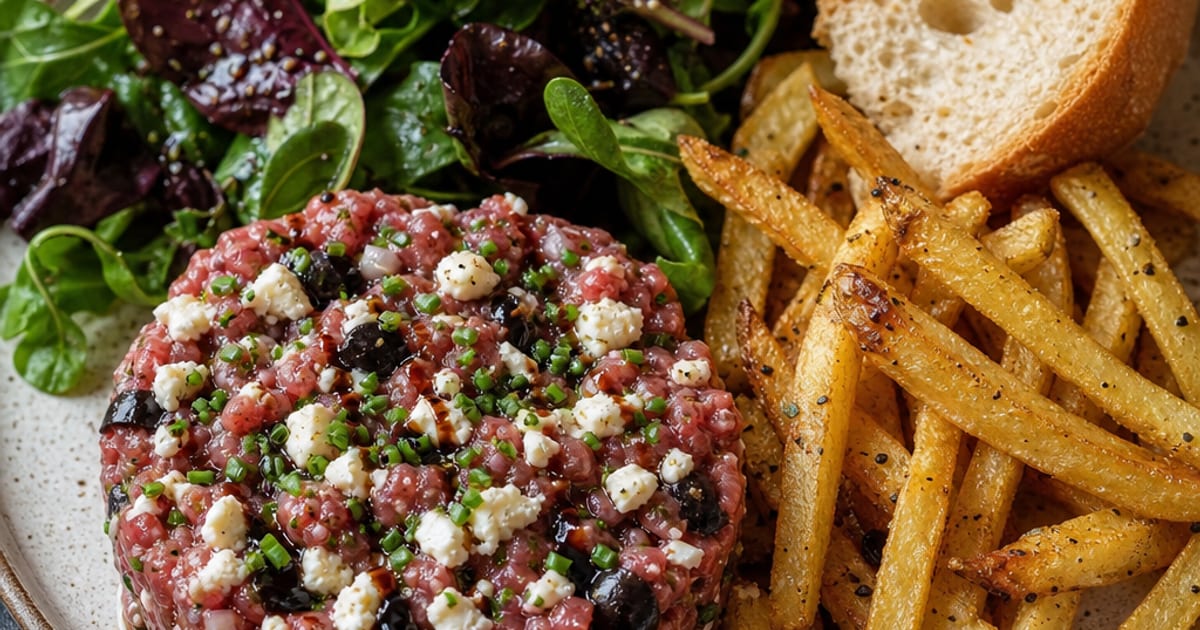 Tartare de bœuf à la feta, olives noires et frites maison