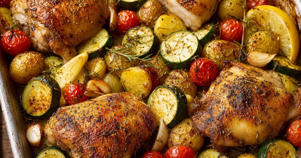 Poulet rôti d’été aux courgettes, tomates cerises et citron