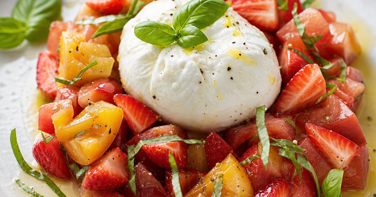 Tartare de tomates anciennes, fraises et burrata