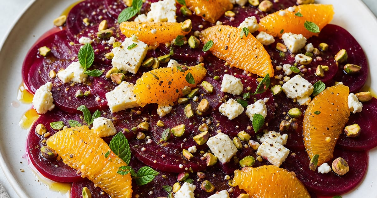 Carpaccio de betterave, orange, feta et pistache