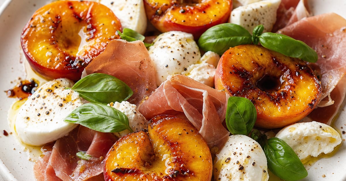 Pêches rôties froides, jambon cru, mozzarella et basilic