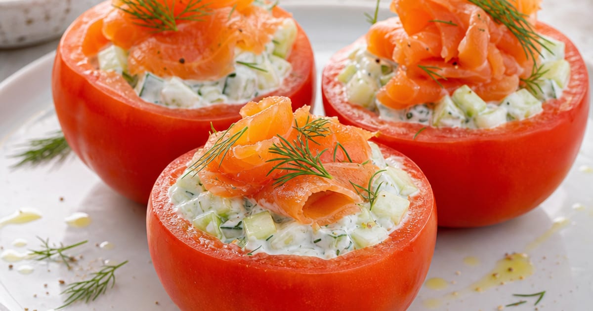 Tomates farcies froides au saumon fumé et tzatziki