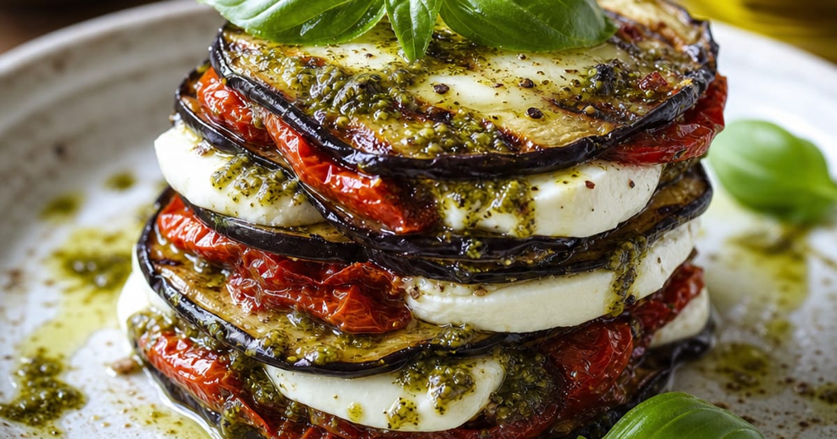 Millefeuille froid d’aubergine grillée, mozzarella et tomate confite