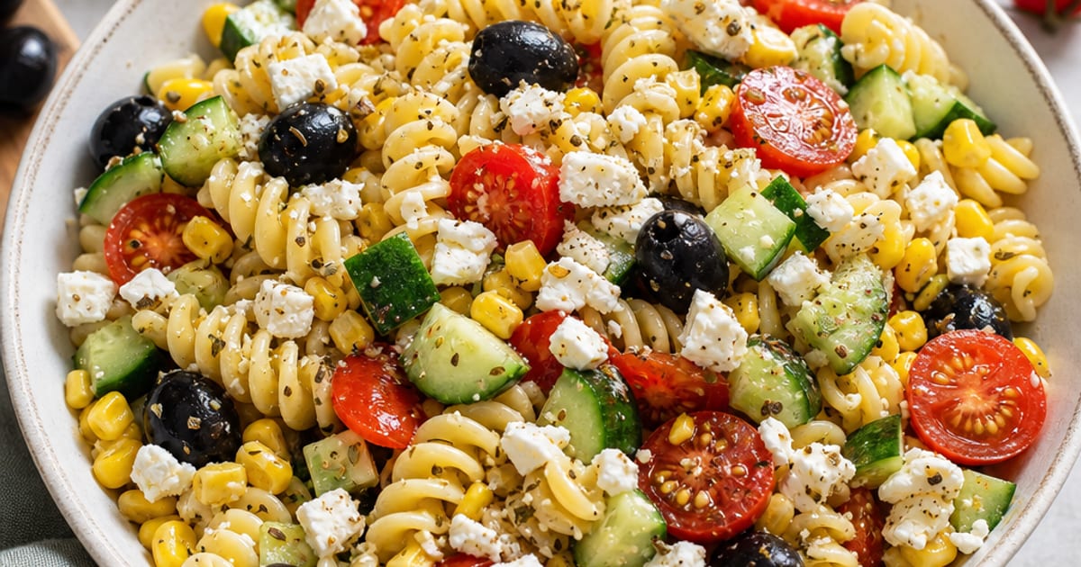 Salade de fusilli à la feta, maïs et olives noires