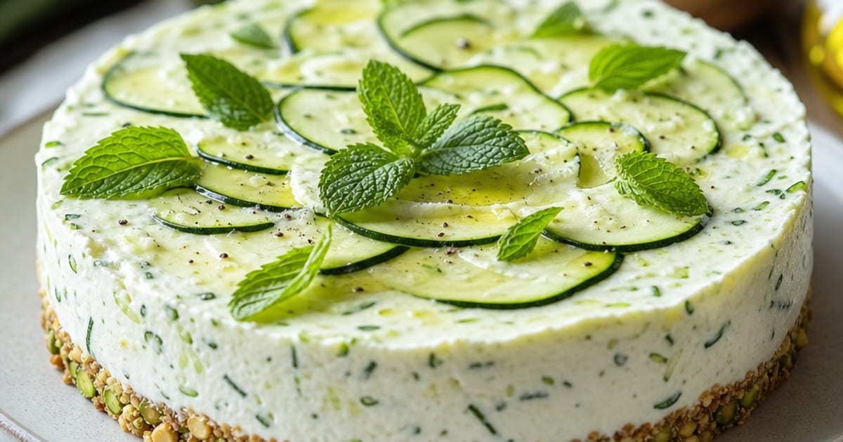Cheesecake salé courgette-menthe, croûte amandes-pistaches
