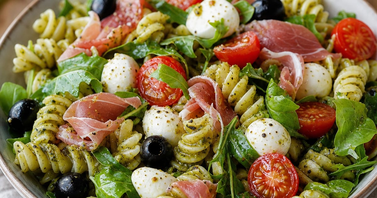 Salade de fusilli au pesto, jambon cru et mozzarella