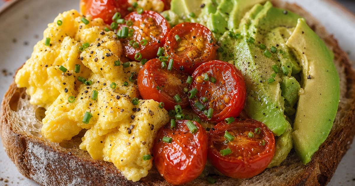 Tartines de campagne aux œufs brouillés, avocat et tomates rôties