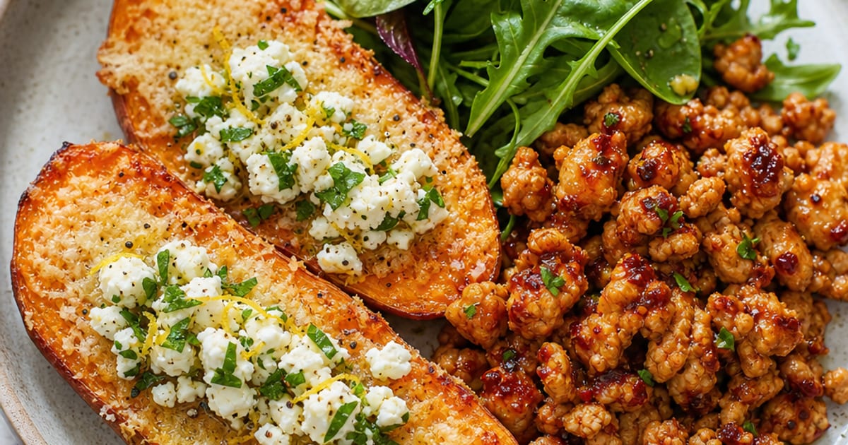 Patates douces en croûte de parmesan, poulet au miel épicé et feta aux herbes
