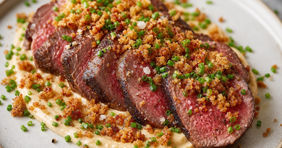 Tataki de bœuf au beurre noisette, mayonnaise au miso et panko croustillant