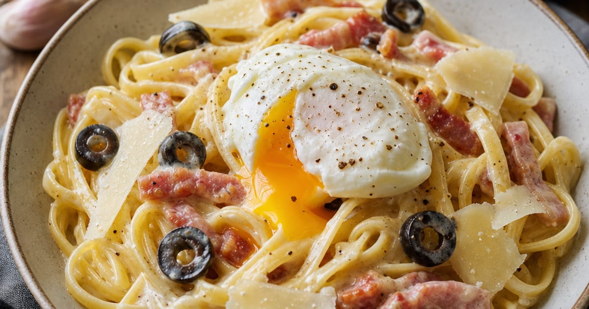 Linguine crémeuses au lard, olives et parmesan