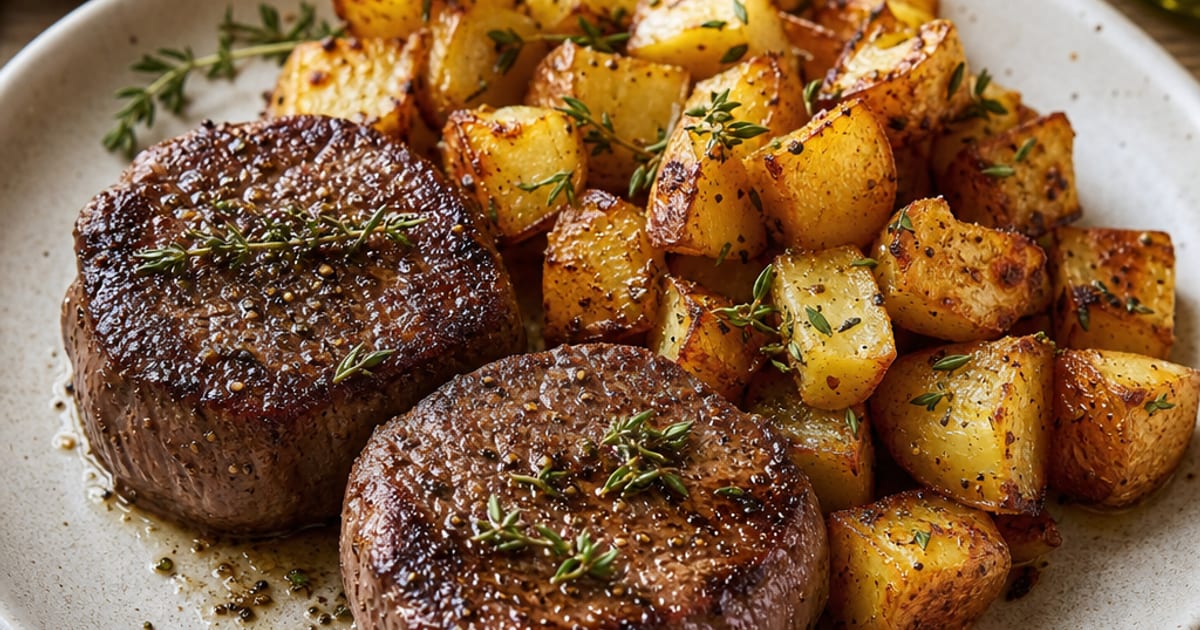 Tournedos poêlés et pommes de terre rôties au thym