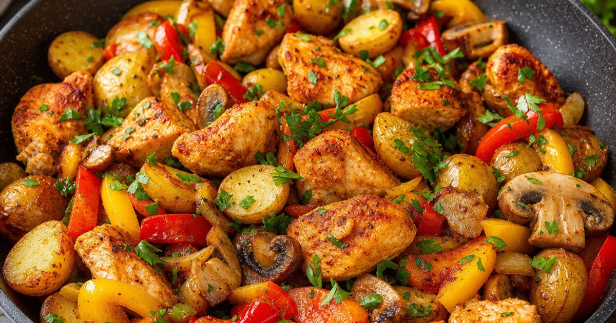 Poêlée de pommes de terre grenaille, poulet et légumes