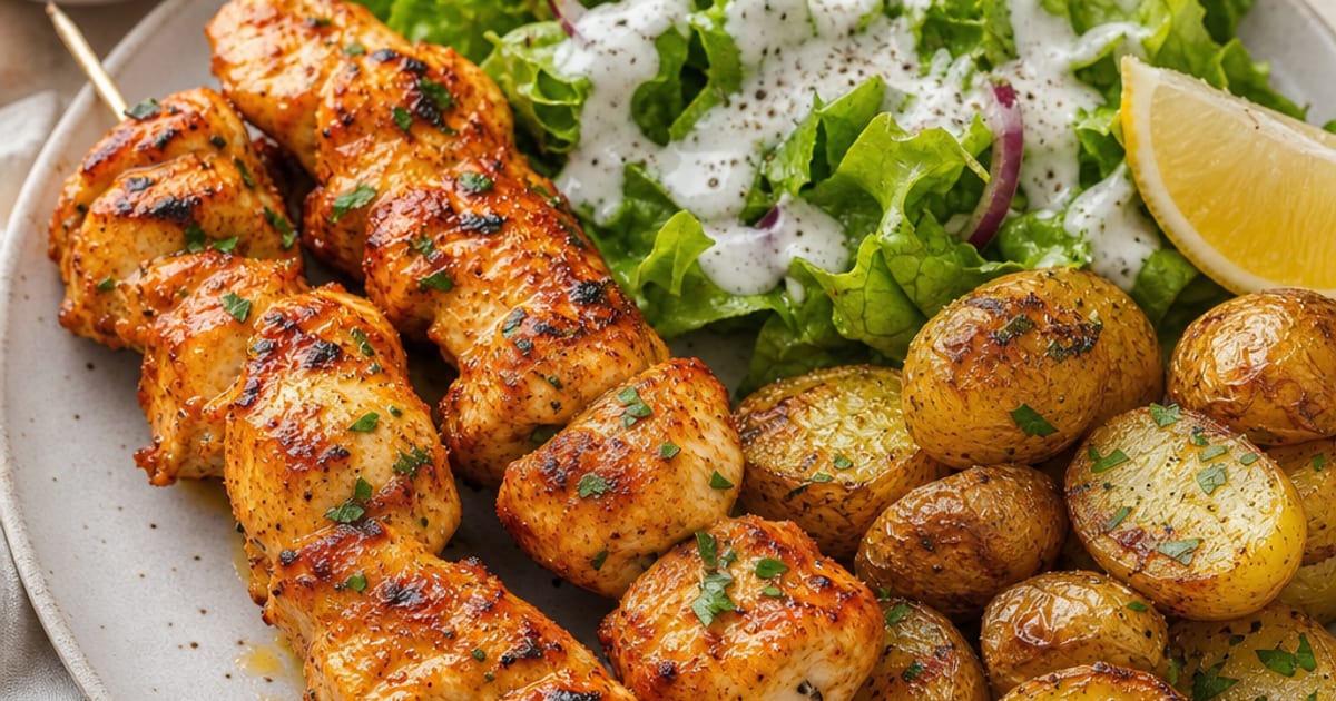 Brochettes de poulet au paprika, pommes de terre rôties et salade verte