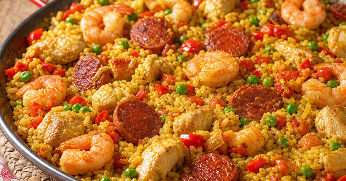 Paella simple au poulet, chorizo et crevettes