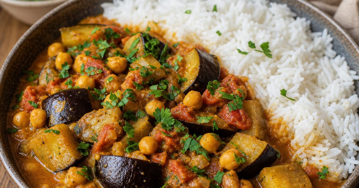 Curry familial d’aubergines, tomates et pois chiches