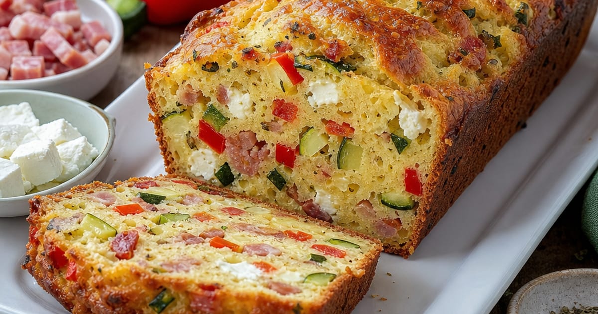 Cake salé aux légumes, feta et lardons