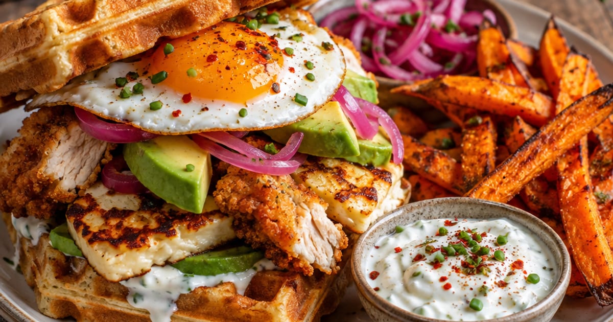 Gaufres salées au poulet croustillant, halloumi et avocat
